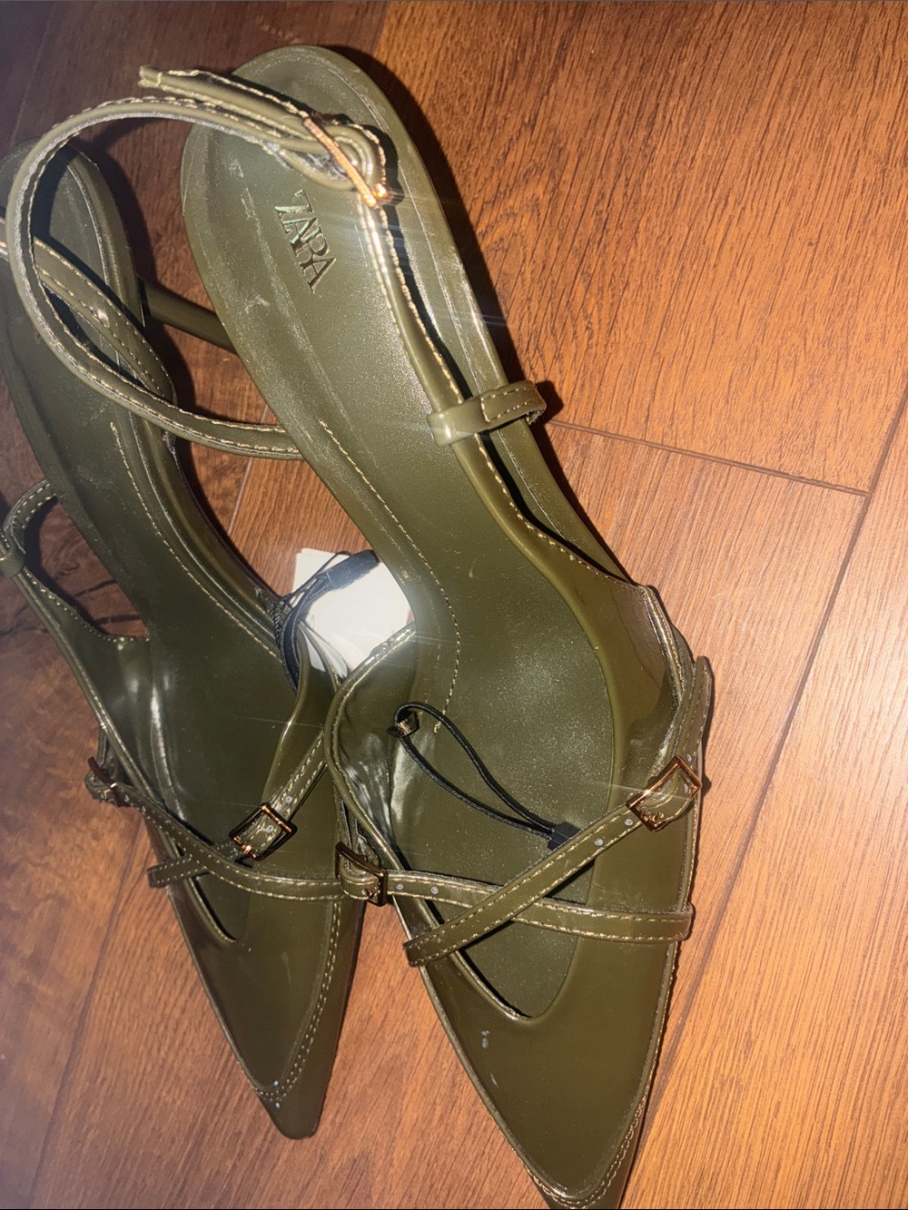 Zara Olive Patent Pointed Slingback Heels - Picture 4 of 5